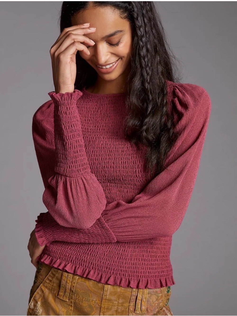 Anthropologie Smocked Long-Sleeve Top in Rosewood